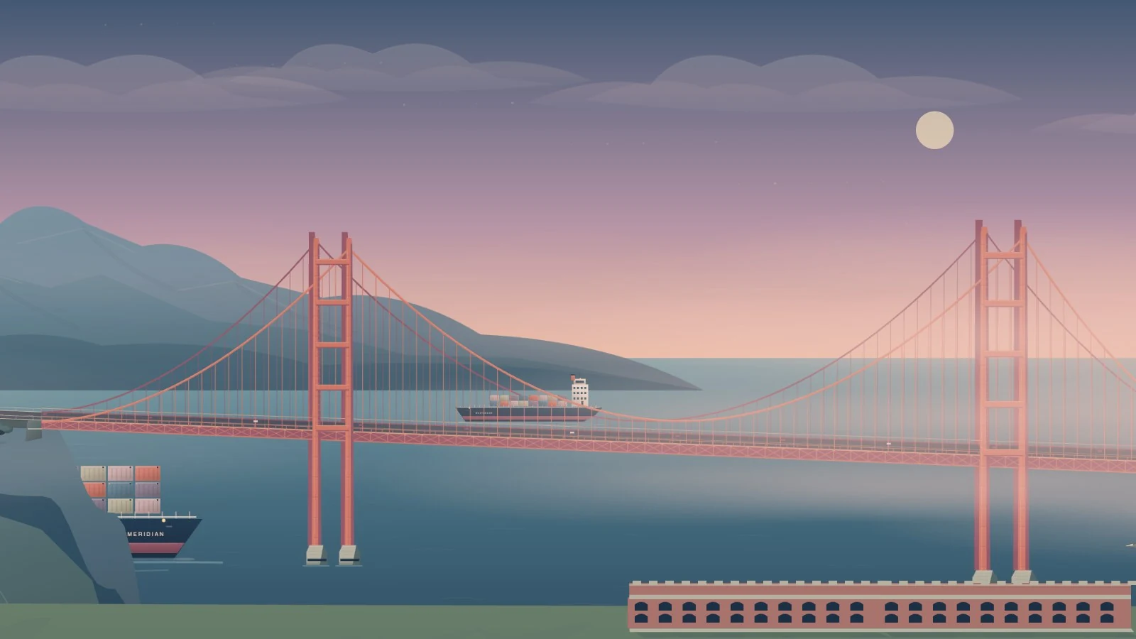 An illustrated Golden Gate Bridge at sunset, with ships, layered hills, and a waterfront