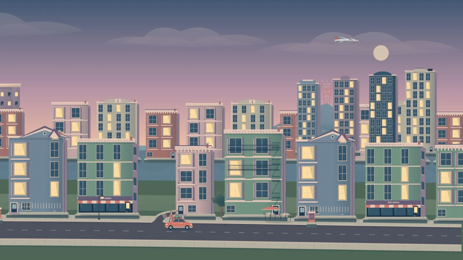Varied San Francisco apartments and storefronts, with pedestrians, trees and a continuous street