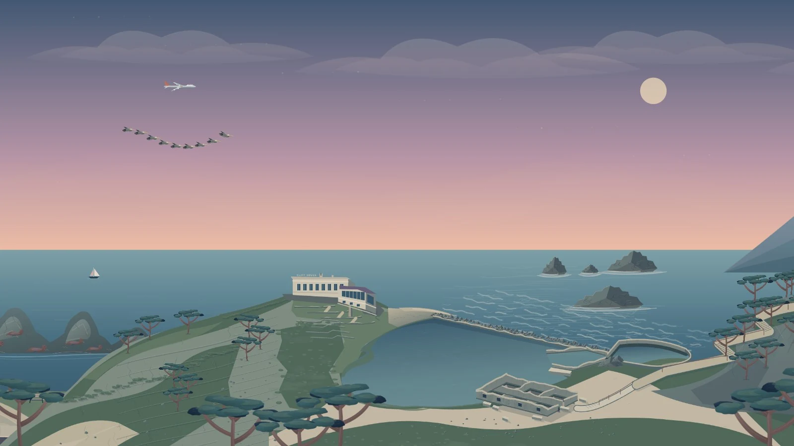 Sutro Baths as a connected coastal illustration, with irregular pools, ruins, headland, trails, cypress trees and Seal Rocks